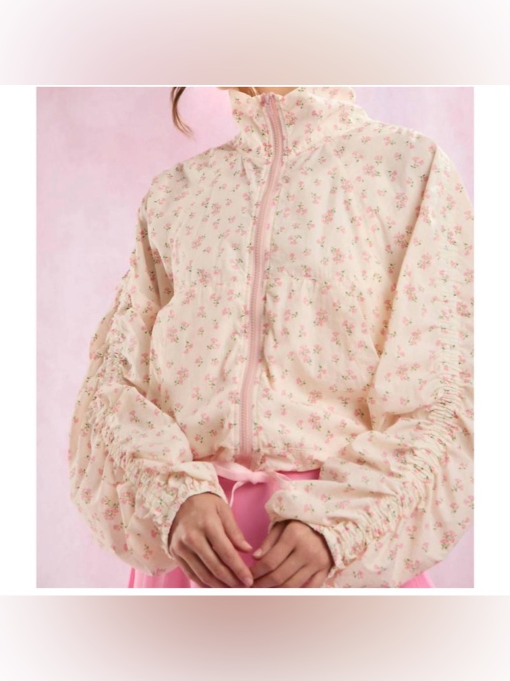 Peach Love Subtle Spring Days Floral Windbreaker Jacket Pink / White Size Small